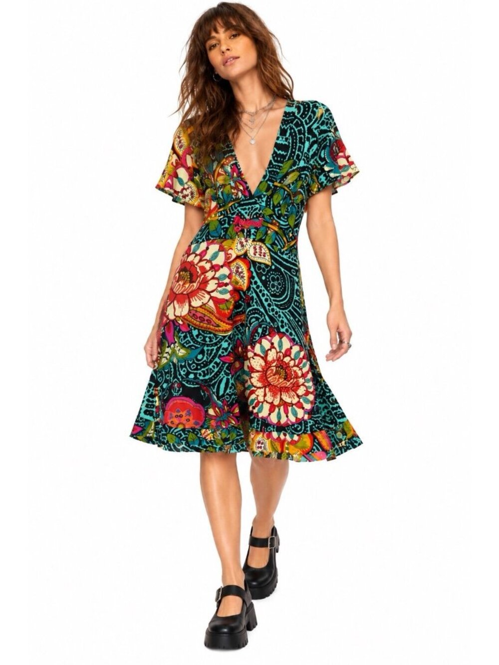 DESIGUAL midi dress floral LARGE cap sleeve deep v 90s Y2K mall chic knit